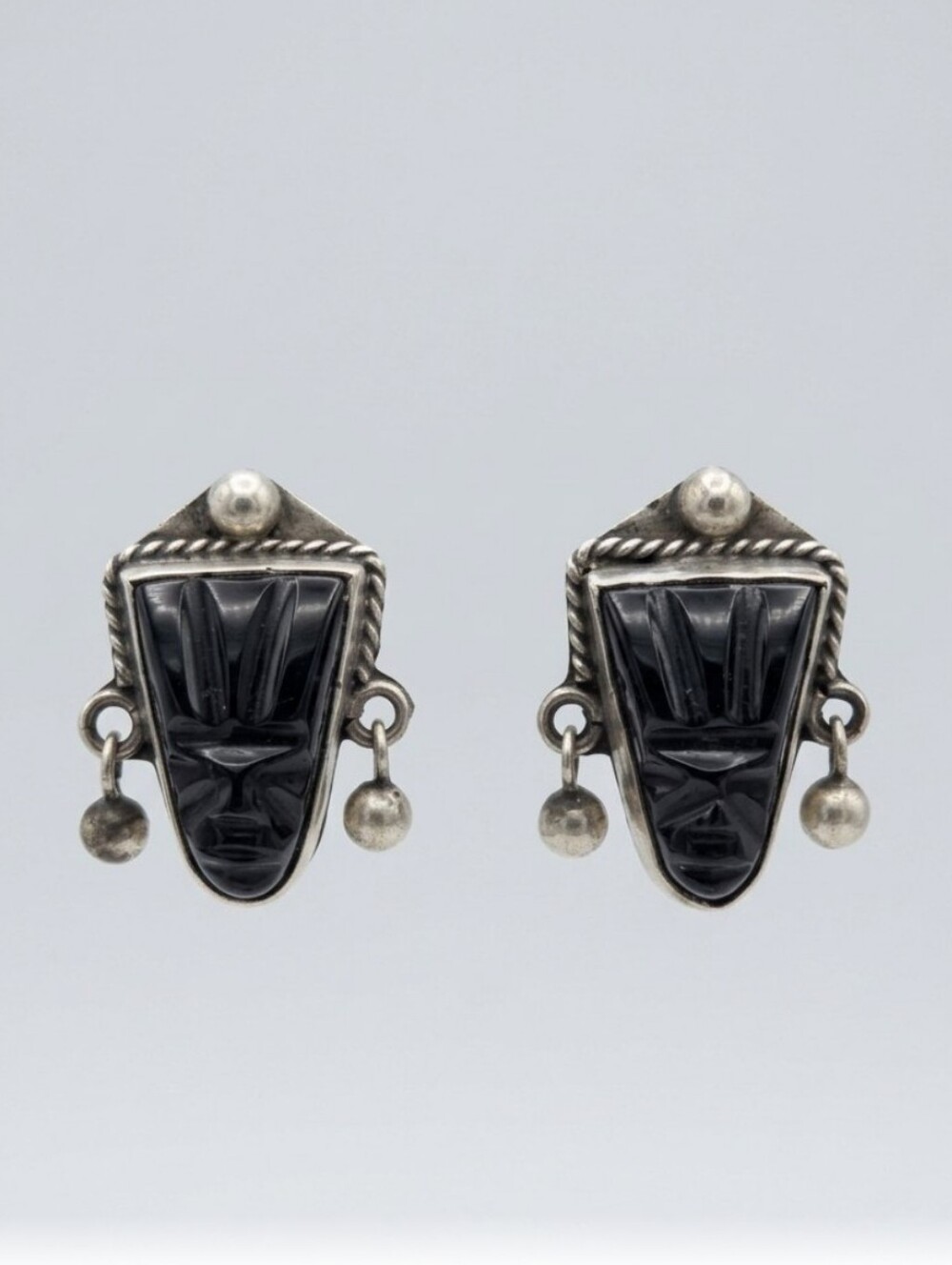 Mexico Sterling Silver Black Onyx Tribal Mask Drop Screw Back Earrings - Vintage